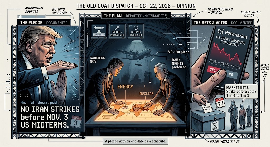 Illustrated panels: the president gesturing beside his no-strikes-before-Nov.-3 pledge, two leaders over a war map, and a phone showing a Polymarket ceasefire market beside an Israeli ballot box