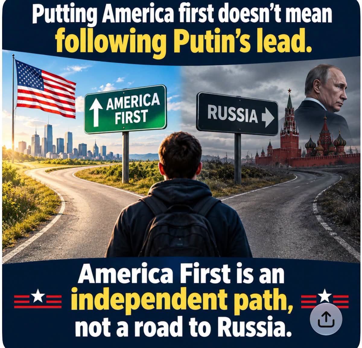 Graphic of a traveler at a fork in the road between an America First sign and a Russia sign, with Putin and the Kremlin on the Russia side