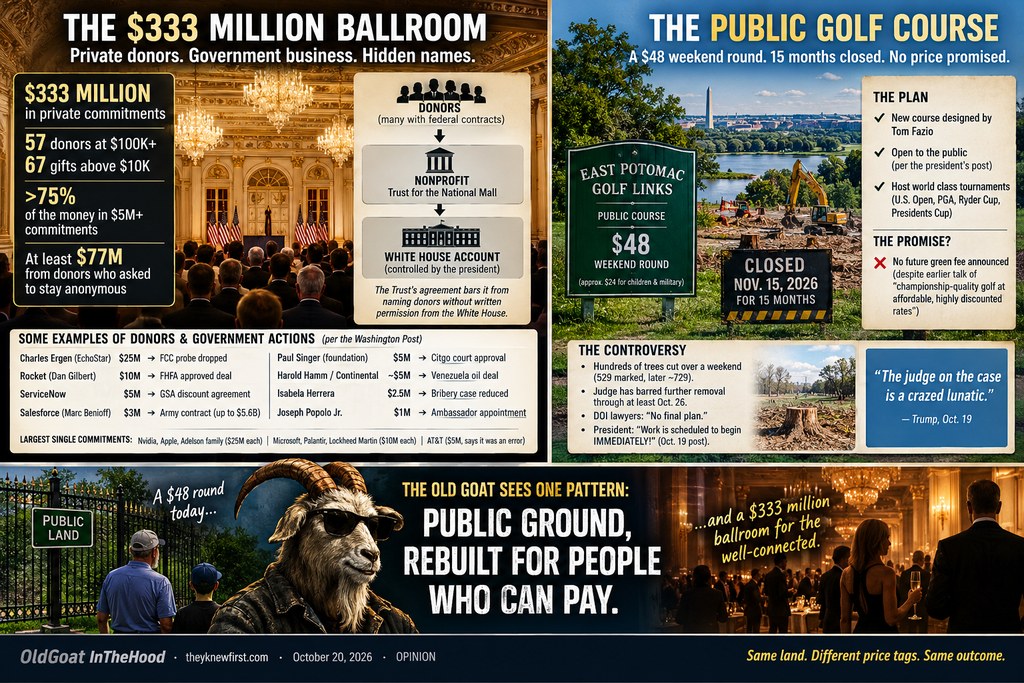 Infographic in two panels. The $333 Million Ballroom: private donors with government business, names hidden through the Trust for the National Mall, with donor examples from the Washington Post. The Public Golf Course: East Potomac Golf Links, a $48 weekend round, closing Nov. 15, 2026 for 15 months, trees cut and no future green fee announced. Below, the Old Goat in sunglasses: Public ground, rebuilt for people who can pay
