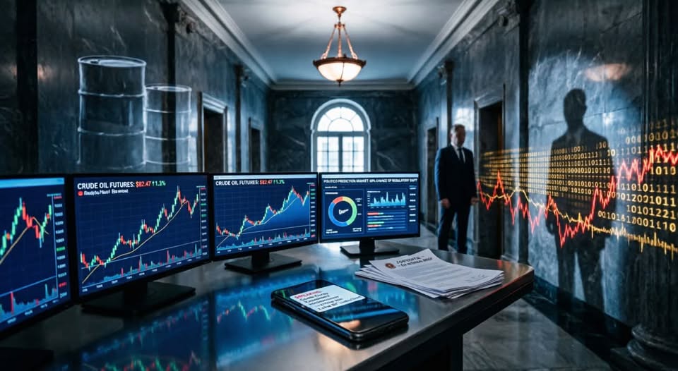 Depiction of oil-futures and prediction-market screens in a marble government hallway