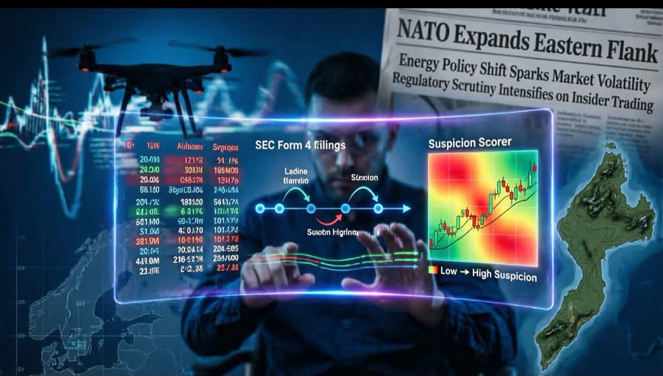 Depiction of an analyst with a drone, market screens and a NATO eastern-flank headline
