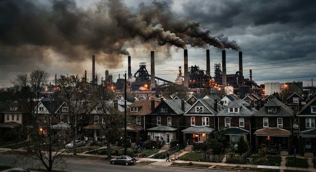 Illustration: rows of houses beneath an industrial plant whose smokestacks pour dark smoke into an overcast sky