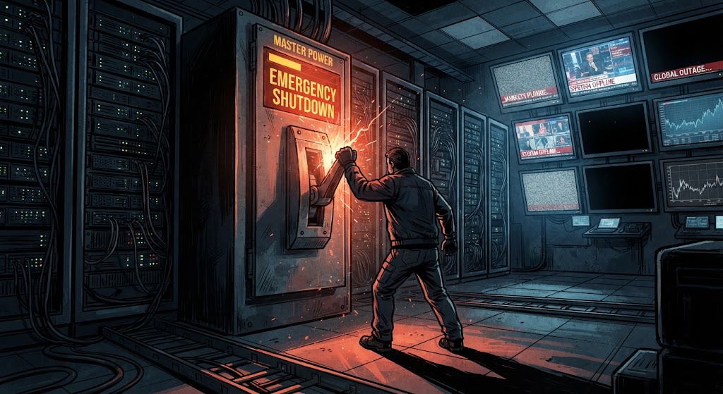 Illustration of a man pulling a master-power emergency shutdown switch in a server room while wall monitors go dark