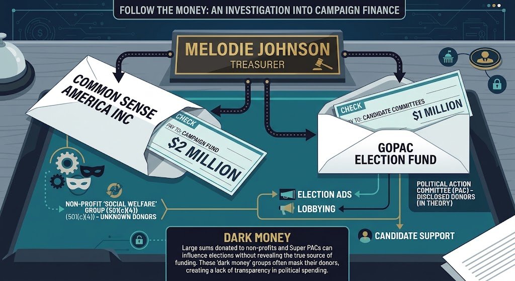 Illustrated diagram: treasurer Melodie Johnson linked to two envelopes, a $2 million check from Common Sense America Inc, a 501(c)(4) nonprofit with undisclosed donors, and a $1 million check from GOPAC Election Fund, with a panel explaining dark money