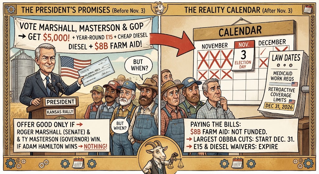 Two-panel cartoon: The President's Promises before Nov. 3, with the president at a Kansas rally holding a $5,000 check under a banner promising year-round E15, cheap diesel and $8B farm aid if Marshall and Masterson win, and The Reality Calendar after Nov. 3, with farmers studying a calendar and a list of law dates including Medicaid work requirements by Dec. 31, 2026