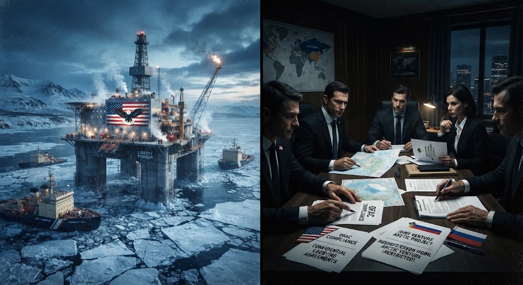 Illustrated split panel: an offshore gas platform with an American flag and eagle in Arctic sea ice beside icebreaking tankers, and a dark meeting room where negotiators study papers marked OFAC compliance and a joint Arctic venture, with U.S. and Russian flags
