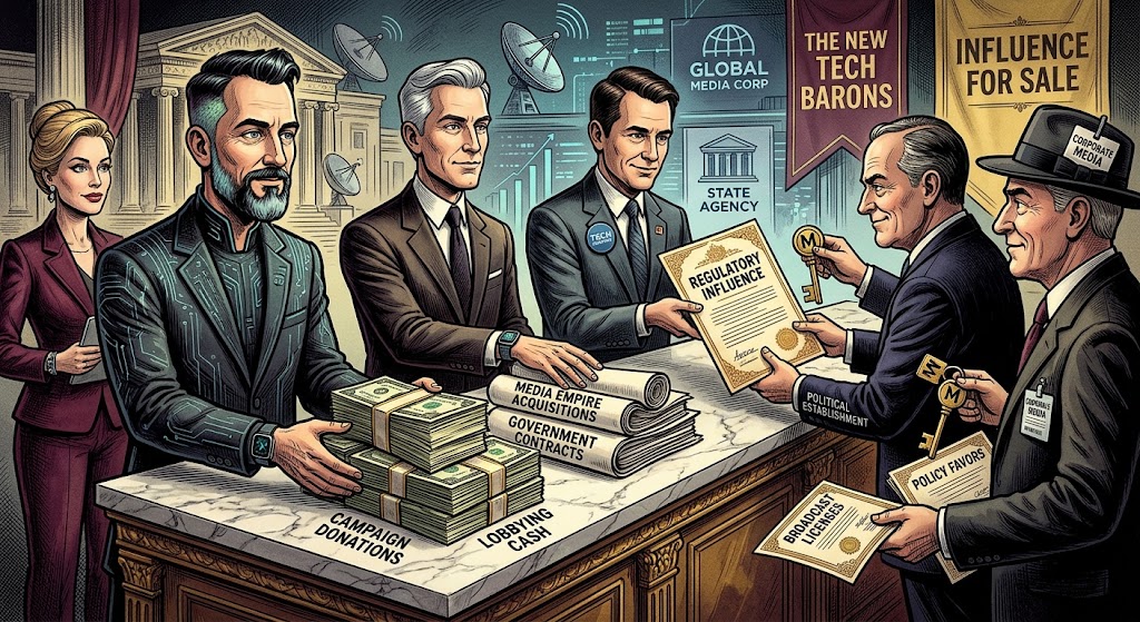Illustration: tech executives hand cash marked campaign donations and lobbying across a marble counter to officials offering keys, regulatory influence and broadcast licenses, under banners reading The New Tech Barons and Influence for Sale