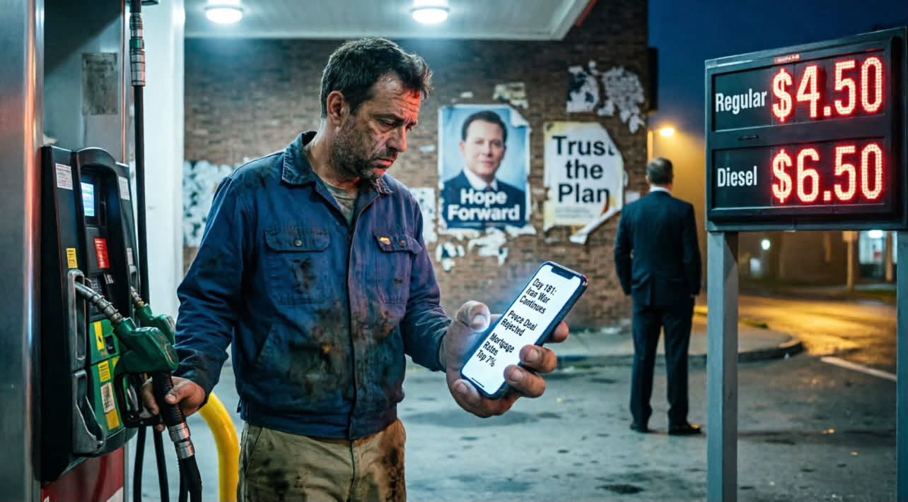 Depiction of a worker at a gas pump reading war headlines on a phone