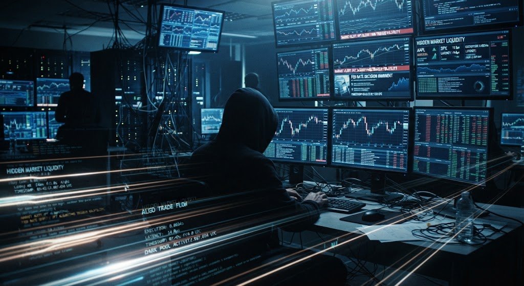 Illustration of a hooded figure at a bank of trading screens showing price charts and dark-pool data in a darkened room