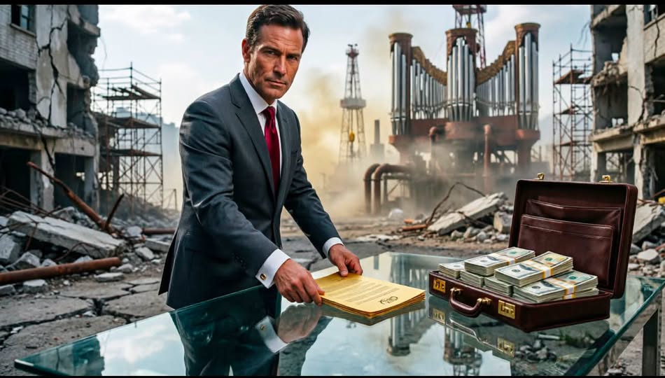 Illustration: a man in a suit lays a contract on a glass table beside a briefcase of cash, amid earthquake rubble and oil derricks