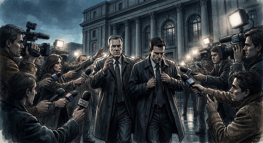 Illustration: two men in dark overcoats walk out of a federal courthouse at night through a crowd of reporters with cameras and microphones