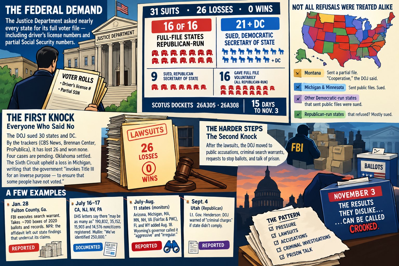 Infographic summarizing the dispatch: 31 suits, 26 losses, 0 wins; 16 of 16 full-file states Republican-run; 21 states plus DC with Democratic secretaries of state sued and 9 with Republican secretaries sued; a timeline of the Fulton County search, DHS noncitizen letters, primary monitors and the Utah investigation