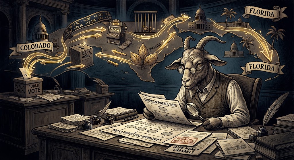 Illustration: an old goat in spectacles studies a campaign finance flow chart with a magnifying glass, while glowing money trails run from Florida across a map past a slot machine, tobacco leaves, a prison and a dark-money box to Colorado and a public vote ballot box