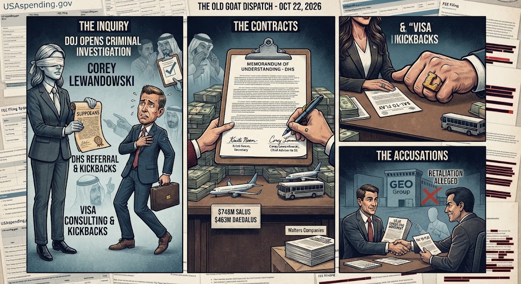 Illustrated panels: a blindfolded figure with a subpoena beside a worried man with a briefcase, a DHS memo being signed over stacks of cash and model planes, and a handshake in front of a GEO Group sign