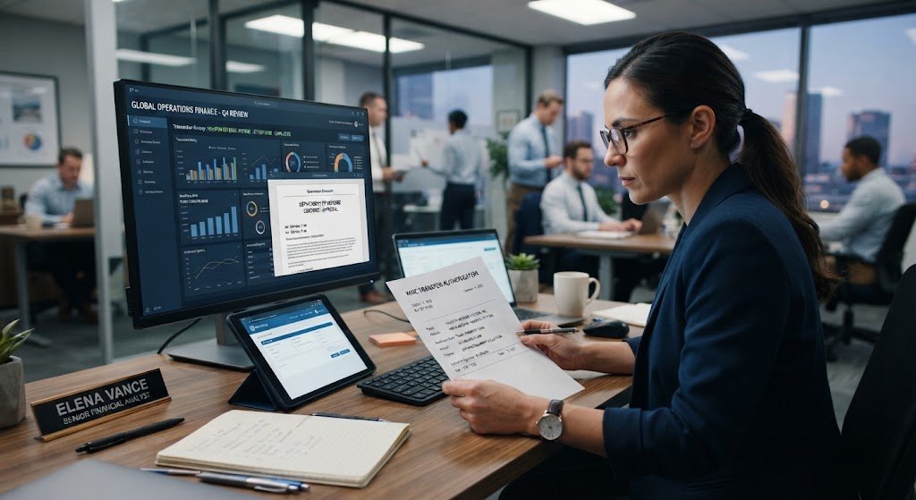 Illustration of a financial analyst at an office desk reviewing a wire transfer authorization beside a monitor showing a finance dashboard