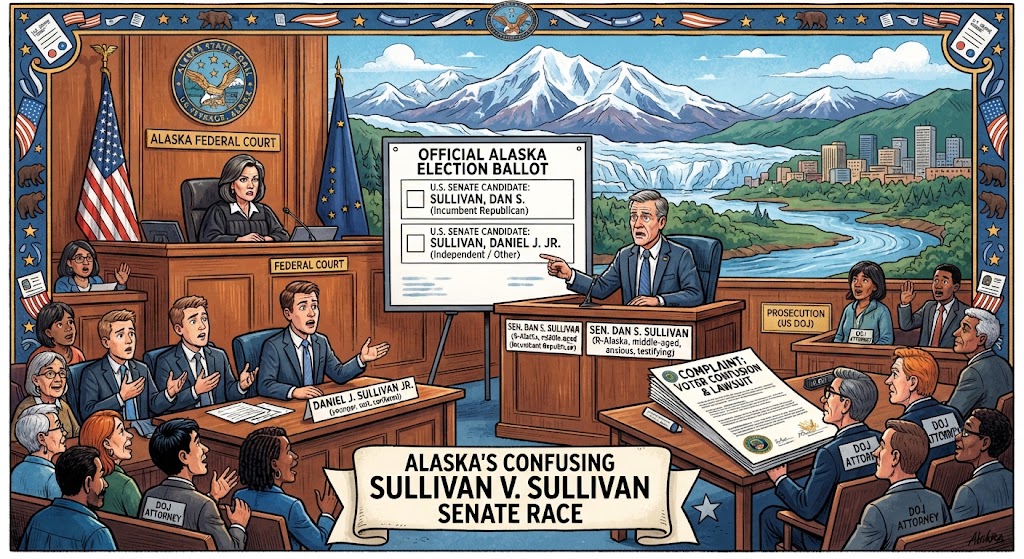 Cartoon titled Alaska's Confusing Sullivan v. Sullivan Senate Race: a federal courtroom where a judge, lawyers and the two Sullivans face an enlarged ballot listing Sullivan, Dan S. and Sullivan, Daniel J. Jr., with Alaska mountains behind