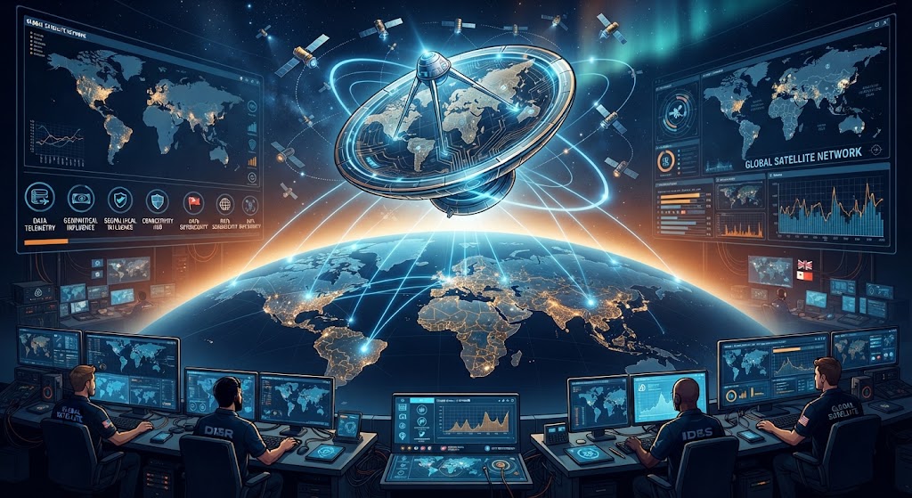 Illustration: a satellite dish over a glowing globe crossed by network links, above a control room of operators watching world maps